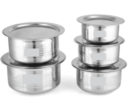 Stainless Steel Tope Set With Lid Handi Milk Storage Serving Set Cookware - Pot 20 cm, 18 cm, 16 cm, 14 cm, 12 cm diameter 2000 ML, 1500 ML, 1000ML, 750 ML & 500 ML capacity with Lid (Stainless Steel)