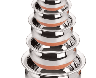 Copper Bottom Handi Pot 5 Piece Set/Steel Handi Set 5 Piece Set Handi Handi 0.4 L, 0.65 L, 0.85 L, 1.2 L, 1.6 L (Stainless Steel, Copper) Cookware Set  (Copper, Stainless Steel, 5 - Piece)