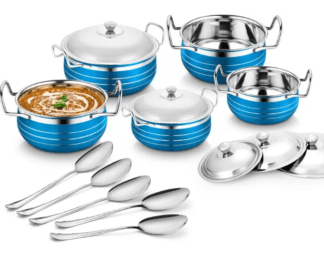 Classic Essentials Stainless Steel Blue Color Serving Handi with Steel Lid & Serving Spoon Cookware Set  (Stainless Steel, 5 - Piece)