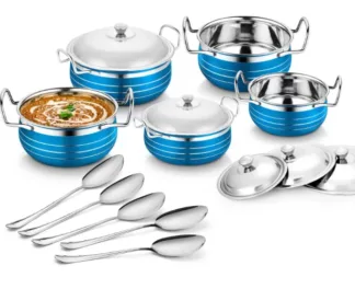 Classic Essentials Stainless Steel Blue Color Serving Handi with Steel Lid & Serving Spoon Cookware Set (Stainless Steel, 5 - Piece)